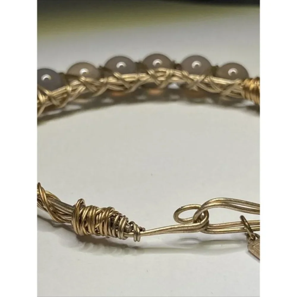 Canvas Bracelet Gold Tone Beaded Gray  Wrapped‎ Wire Hook closure